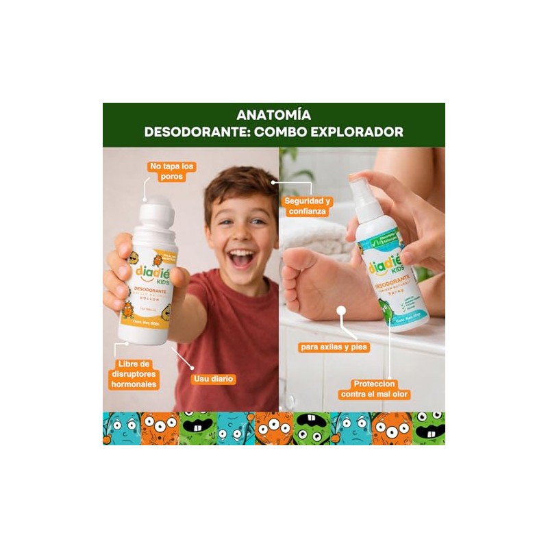 DIADIE KIDS Desodorante natural para Niños, Rollon y Atomizador 2