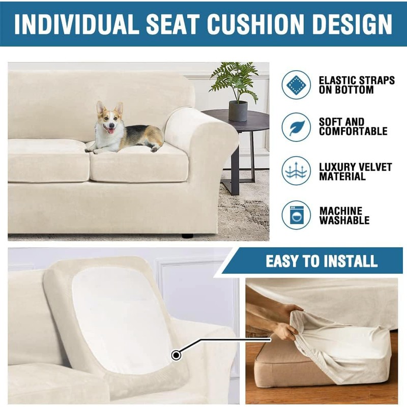 H.VERSAILTEX Modern Velvet Plush 4 Piece High Stretch Sofa Slipcover