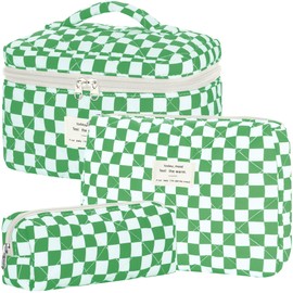 TESAFNG Quilted Makeup Bag Set - 3 PCS Cute Floral Cotton Makeup Bag, Large Coquette Aesthetic Make up Cosmetic Bag, Flower Travel Toiletry Organizer Bags for Women Girls (Checkered Green)