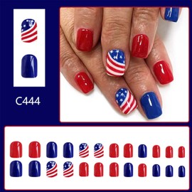 24pcs 4th Of July Press On Nails Short Square Fake Nails Independence Day False Nails With Flag Design Blue Red Full Cover Acrylic Glue On Nails Glossy Stick On Nail For Women
