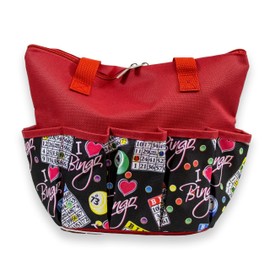 I love Bingo Black Stylish Pattern Tote with 10 Pockets for Daubers, Dabbers, Markers, and Accessories – Portable Bingo Bag with Zipper for Bingo Lovers & Players - Adults & Seniors (Red)