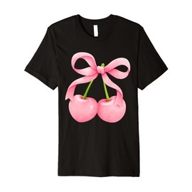 Cute Coquette Cherry Bow Aesthetic Ribbon For Women Girls Premium T-Shirt