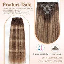 HotLulana Clip-In Real Hair Extensions, 7 Pieces, 45 cm, 120 g, Invisible Remy Real Hair Extensions, Skin Weft Natural Hair Extensions, 2/6/18 K#