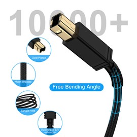 HP USB 2.0 Printer Cable 6FT, High-Speed USB A to B Scanner Printer Cord for Brother, Canon, Epson, Nylon Braided Fast Data Transfer Print Cord USB MIDI Cable for Digital Piano MIDI Controller