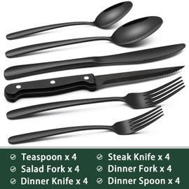 Black Heavy Duty Silverware Set, 24-Piece Stainless Steel Flatware Set with Steak Knives for 4, Food-Grade Tableware Cutlery Set, Utensil Sets for Home Restaurant, Mirror Finish, Dishwasher Safe