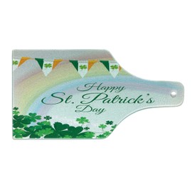 Ambesonne St. Patrick's Day Cutting Board, Celebration Greeting with Rainbow and Flags Lucky Clovers Shamrock Plant, Decorative Tempered Glass Cutting and Serving Board, Wine Bottle Shape, Multicolor