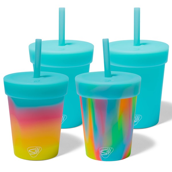 Silipint: Vasos de silicona para niños de 8 onzas, paquete de 4 – Sugar Rush, Aurora y 2 aguamarina, tapa hermética, sostenible, color estacional
