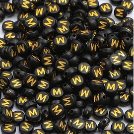 XIENBAOFU 100PCS Letter Beads 4X7mm Acrylic Alphabet Beads Gold Black Letter M Flat Round for Jewelry Making Bracelet Necklace Keychain DIY