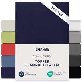 Dreamzie Premium Fitted Sheet for Topper, 140 x 200 cm – 160 x 200 cm – Extra-Low Side Height – for Topper – Topper Sheet – Jersey Cotton Fitted Sheet, 150 g/m² – OEKO-TEX – Dark Blue