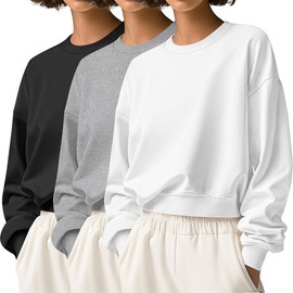 Ficerd 3 Pack Women's Cropped Sweatshirts Long Sleeve Cotton Crew Neck Pullover Tops Casual Solid Sweat Shirts (Black, White, Light Gray,Xs)
