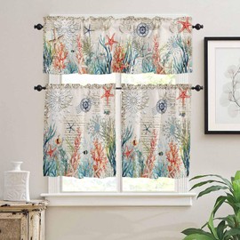 Coastal Kitchen Curtains and Valances Set, Rod Pocket Ocean Theme Tier Curtains 24 Inch Length, 3 Piece Nautical Starfish Seashells Short Cafe Drapes Sea Coral Beach Conch Window Treatments Set