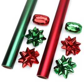 Ribbli Christmas Wrapping Paper Set, 2 Rolls Red and Green Metallic Matte Solid Color Paper with Curling Ribbon and Gift Bow for Birthday Christmas, Mini Roll 17 Inch x 197 Inch(16 Feet) Per roll