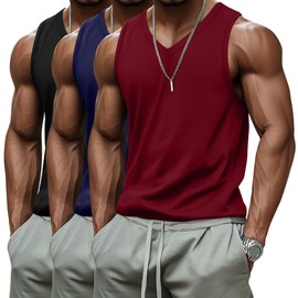 Ficerd 3 Pack Men's Big and Tall Workout Tank Tops, Cotton V Neck Sleeveless Gym Muscle T-Shirts Athletic Tee Summer Vest Top(Black, Navy Blue, Wine Red,5X-Large)