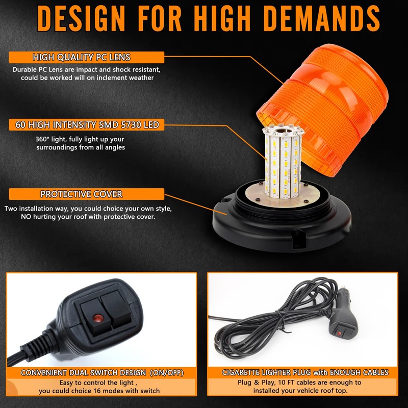 Amber Beacon Strobe Lights, 12-24V 16 Flashing Modes 60 LED