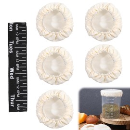 JIYIN 5 PCS Sourdough Starter Jar Cover Cloth, White Reusable Sourdough Jar Cover with 1 PCS Black Retaining Strap Elastic Bread Fermentation Covers Fit Jars Mouth from 3-4 inch