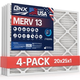 BNX 20x25x1 MERV 13 AC Furnace Air Filter 4 Pack - MADE IN USA - Electrostatic Pleated Air Conditioner HVAC AC Furnace Filters - Removes Pollen, Mold, Bacteria, Smoke