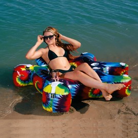 Fluzzle Tube 3.0 Tie Dye Inflatable Float Tube with Interlocking Connectors | Mesh Bottom, Backrest Chair with 2 Cup Holder | Heavy Duty Water Tube for Pool, Lake, Beach, River Run