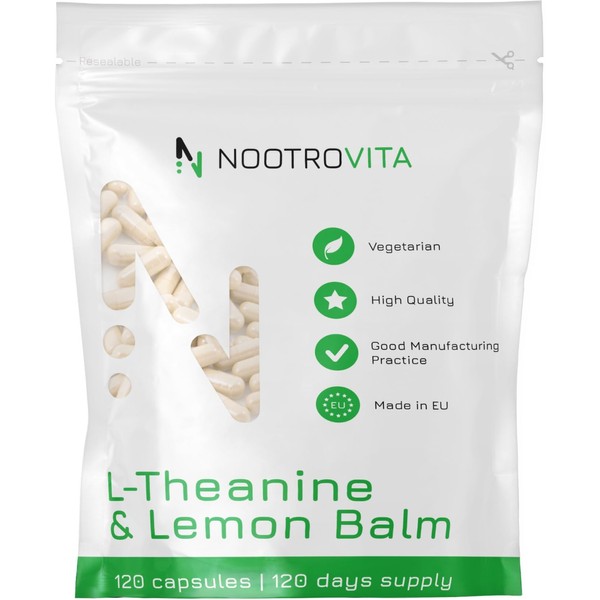 L Theanine with Lemon Balm, 120 Capsules, for Relaxation, Stress Relief and Sleep, L-Theanine 200 mg with Melissa Extract 300 mg (Lemon Balm, Melissa Officinalis) Nootrovita