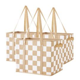 Ohocut Biege Checkered Reusable Grocery Bags Heavy Duty 3 Pack Checkerboard Foldable Shopping Bags with Handles for Groceries Collapsible Tote
