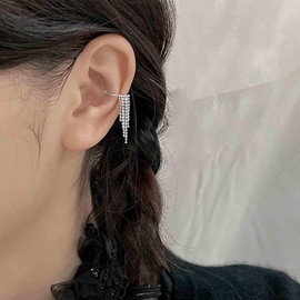 Aneneiceera Boho Tassel Chain Ear Cuff Earrings Silver Wide Chain Cuff Earrings Minimalist Ear Cuff with Chain No Piercing Clip Earrings Personlized Ear Conch Earrings Jewelry for Women（Silver）