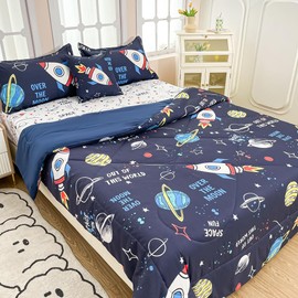 Megamayga Kids Space Comforter Set Twin Size - 6 Pieces Space Rocket Bedding for Kids Boys Soft Microfiber Galaxy Themed Bed in A Bag Comforter with Rocket Sheets and Pillowcases
