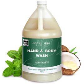 SoCal Suds & Company 128oz Certified Organic Hand & Body Wash w/Shea Butter- Gentle Natural Body Wash for Sensitive Skin, Moisturizing Liquid Body Castile Soap- Peppermint
