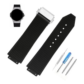 MMBAY Big Bang Rubber 25mm Silicone Watch Bands Replacement Fit for Hublot 19mm*25mm*22mm Big Bang Watch Strap Wirstband with metal buckle For Men and Women (Black Dense Stripe)