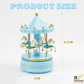 RP Remarkable Power, Blue Carousel Music Box Merry-Go-Round Horse Musical Box with 4 Houses for Home Wedding Birthday Gift Decoration
