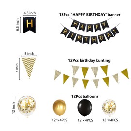 Happy Birthday Banner 12 inch Happy Birthday Balloons Birthday Bunting Happy Birthday Decorations for Birthday Party Decorations (Black Gold)