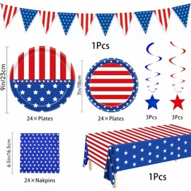 Patriotic Party Supplies, Patriotic Party Decorations Sets,American Flag Banner Plates and Napkin Tablecloths, 4th of July Independence Day Decor, Red White and Blue for Memorial , Serve 24