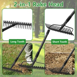 TAILERNRUYE 63 inch Bow Rake,2-in-1 17 Tooth Rake for Leaves Portable and Adjustable for Gardening Leaves Loosening Soil Leveling Lawn Farming Land Management Yard