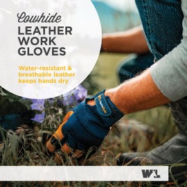 Wells Lamont Men's Leather Palm Work Gloves – HydraHyde Water-Resistant Leather, Flexible Spandex Back, Adjustable Closure – Ideal for Construction, Landscaping, DIY Projects – Blue, Medium (3207M)