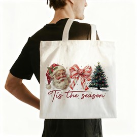 CosxHabitat Coquette Candy Bow Christmas Tote Bag, Vintage Santa Claus Xmas Tree Canvas Tote Bags, Preppy Christmas Winter Holiday Reusable Grocery Shopping Bag