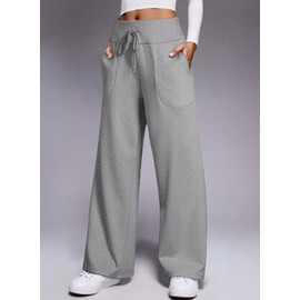 Aleumdr Women's Wide Leg Lounge Pants with Pockets Yoga Sweatpants Palazzo Casual Athletic Baggy Comfy Long Flowy High Waisted Drawstring Grey Pants for 2025 Fall X-Large