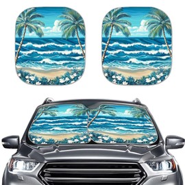 Coldinair Hawaii Palm Tree Ocean Wave Windshield Sun Shade for Truck SUV Car Front Window Shades Cover Sun Visor Shield Auto Interior Protector for Men Women