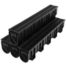 Trench Drain System, Channel Drain with Plastic Grate, 5.9x7.5-Inch HDPE Drainage Trench, Black Plastic Garage and Garden Drain, 4x39 Trench Drain Grate, with 4 End Caps-4 Pack