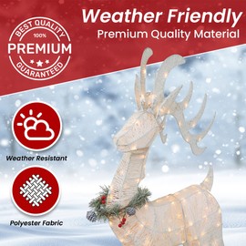 3-Piece Lighted Deer Family with Garland - 210 UL Lights - Outdoor Christmas Yard Decoration, White 52" Buck, 44" Doe, 28" Fawn