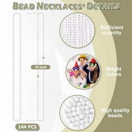 144PCS Bead Necklace, White Beaded Necklace Party Favors Bulk, 33" Mardi Gras Beads Necklaces Accessories, Festival Parade Throw Accessories for Baby Shower Wedding Birthday Celebrations Decorations