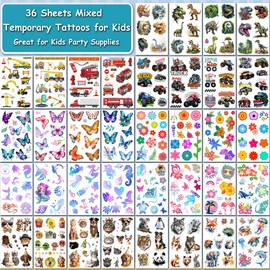CHARLENT Temporary Tattoos for Kids - 320 Mixed Styles (36 Sheets) Tattoo Stickers Set for Boys and Girls, Car Dinosaur Hawaii Mermaid Watercolor Animals Tattoos for Kids Birthday Party Supplies