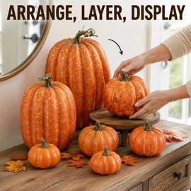 7pcs Artificial Pumpkin Decor for Autumn - Orange Foam Pumpkin Set for Halloween, Thanksgiving, Yard and Table Decorations