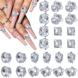 HNUIX Nail Rhinestones Charms - 24pcs 3D Multiple Shape, Crystals White Diamonds Pearls Metal Base,Gems for Nail Art
