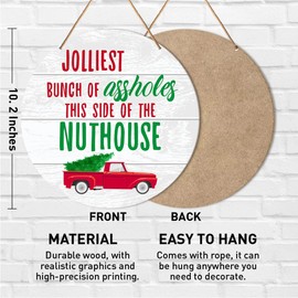 Muktoujaumai Funny Christmas Sign Front Door Decor, Christmas Round Hanging Sign Decor Rustic Xmas Holiday Wall Decorations Winter Wood Sign for Door, Porch, Home, Jolliest Bunch of A-holes Door Sign