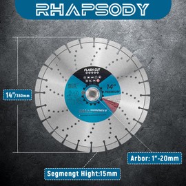 RHAPSODY 14 Inch Laser Welded Diamond Concrete Saw Blade, Segmented Premium Diamond Blade General Purpose Dry/Wet Cutting Concrete, Reinforced Concrete, Masonry, Brick, Block,1"-20mm Arbor