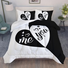AILONEN Black White Comforter Set Queen Size, Me and You Couples Romantic Valentine Bedding Set Decor,Heart Shaped Splicing Soft and Comfortable Quilt Set All Season(1 Comforter+ 2 Pillowcases)