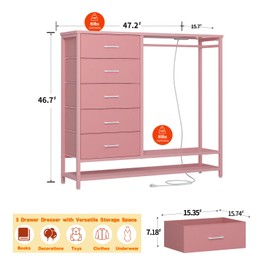 Dresser for Bedroom, Dresser with Hanging Rack Led Lights and Charging Station, Tall Dresser with 5 Fabric Chest of Drawers with PU Finish Storage Organizer, for Living Room Kids Room Closet, Pink