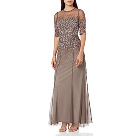 Adrianna Papell Women's 3/4 Sleeve Beaded Illusion Gown with Sweetheart Neckline, Lead, 12