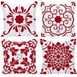 GUHOO Geometric Red Flower Decorative Throw Pillow Covers 22 x 22 Inch, Set of 4 Abstract Red Flower Cushion Cover Square Pillow Cases for Couch Patio Sofa Home Decor