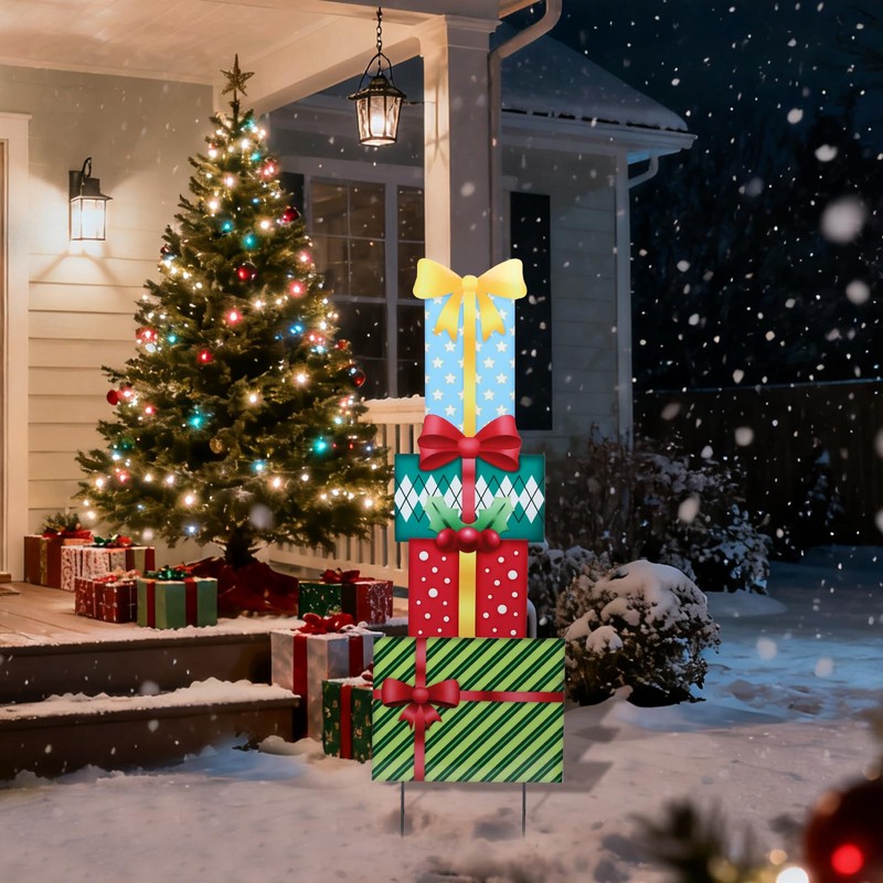 Christmas Outdoor Decor Stake,41.5" Metal Xmas Box Yard Sign,4 Pack