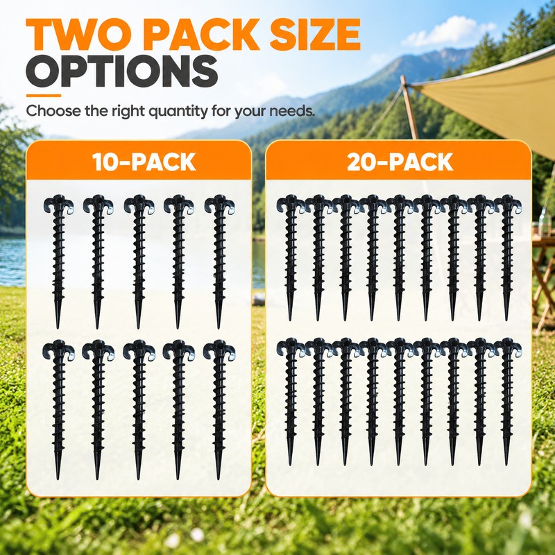 Black Plastic Screw Tent Stakes for Camping – Ground Anchors