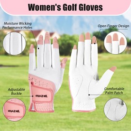 MAZEL Golf Gloves Women One Pair S M L XL, Open Fingers for Easy Touch Screen, Left Right Hand Leather Ladies Gloves Small Medium Large Extra Large (Pink Pair, S)